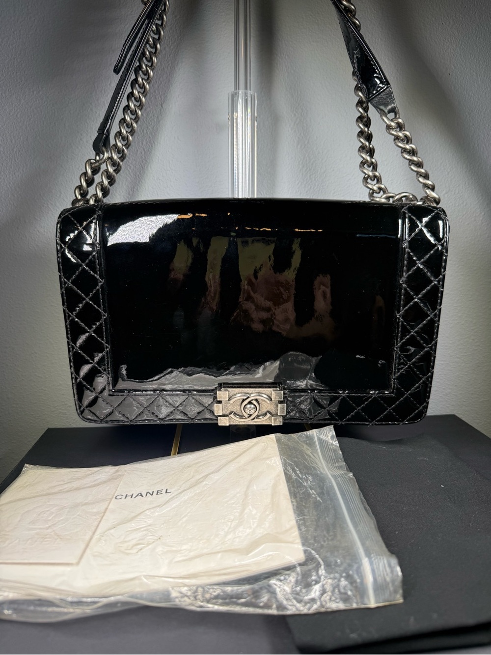 CHANEL Black Patent Leather Quilted Chain Boy Shoulder Bag with Silver Hardware